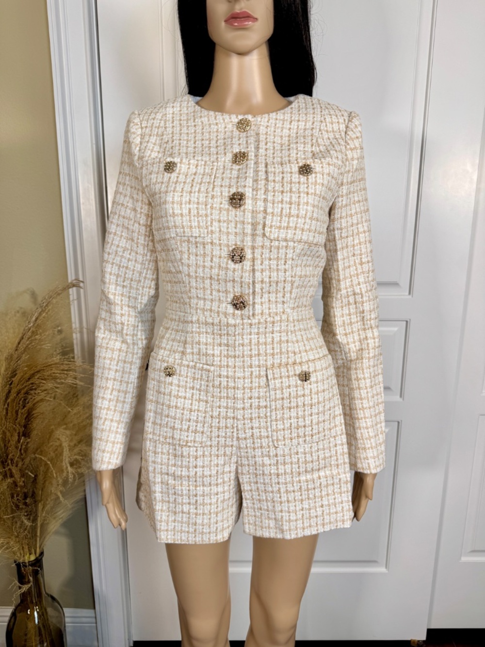 IVORY AND GOLD LONG SLEEVE WOMEN'S TWEED ROMPER WITH POCKETS - NWOT - Picture 5 of 17